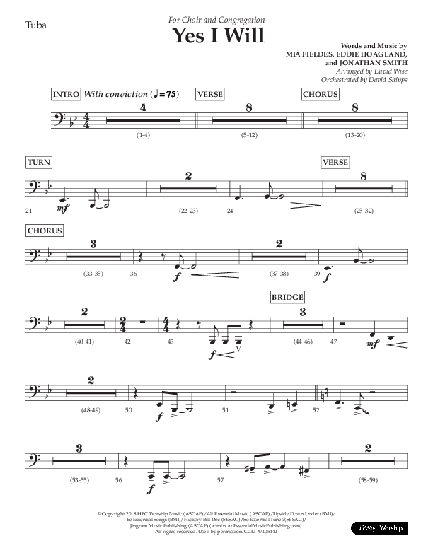 Yes I Will (Choral Anthem SATB) Tuba (Lifeway Choral / Arr. David Wise / Orch. David Shipps)