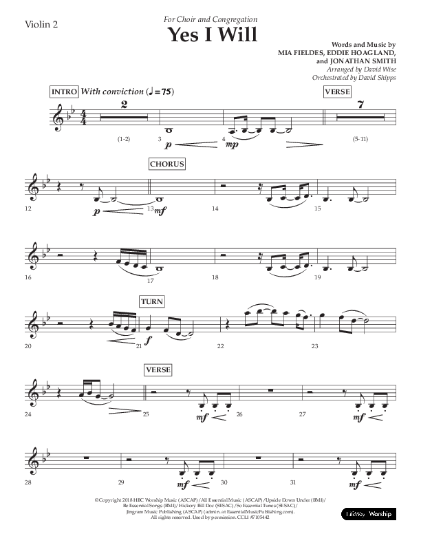 Yes I Will (Choral Anthem SATB) Violin 2 (Lifeway Choral / Arr. David Wise / Orch. David Shipps)