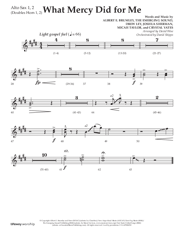 What Mercy Did For Me (Choral Anthem SATB) Alto Sax 1/2 (Lifeway Choral / Arr. David Wise / Orch. David Shipps)