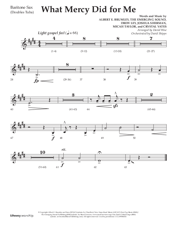 What Mercy Did For Me (Choral Anthem SATB) Bari Sax (Lifeway Choral / Arr. David Wise / Orch. David Shipps)