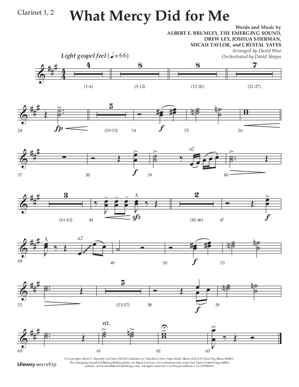 What Mercy Did For Me (Choral Anthem SATB) Clarinet 1/2 (Lifeway Choral / Arr. David Wise / Orch. David Shipps)