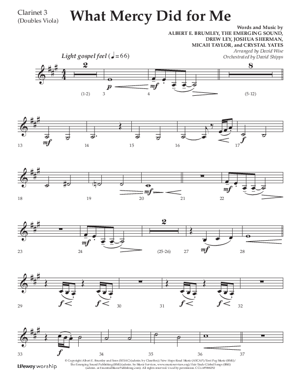 What Mercy Did For Me (Choral Anthem SATB) Clarinet 3 (Lifeway Choral / Arr. David Wise / Orch. David Shipps)