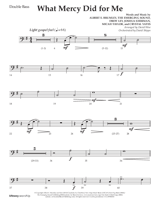 What Mercy Did For Me (Choral Anthem SATB) Double Bass (Lifeway Choral / Arr. David Wise / Orch. David Shipps)