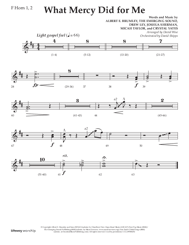 What Mercy Did For Me (Choral Anthem SATB) French Horn 1/2 (Lifeway Choral / Arr. David Wise / Orch. David Shipps)