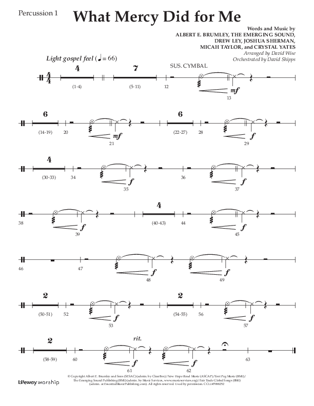 What Mercy Did For Me (Choral Anthem SATB) Percussion 1/2 (Lifeway Choral / Arr. David Wise / Orch. David Shipps)