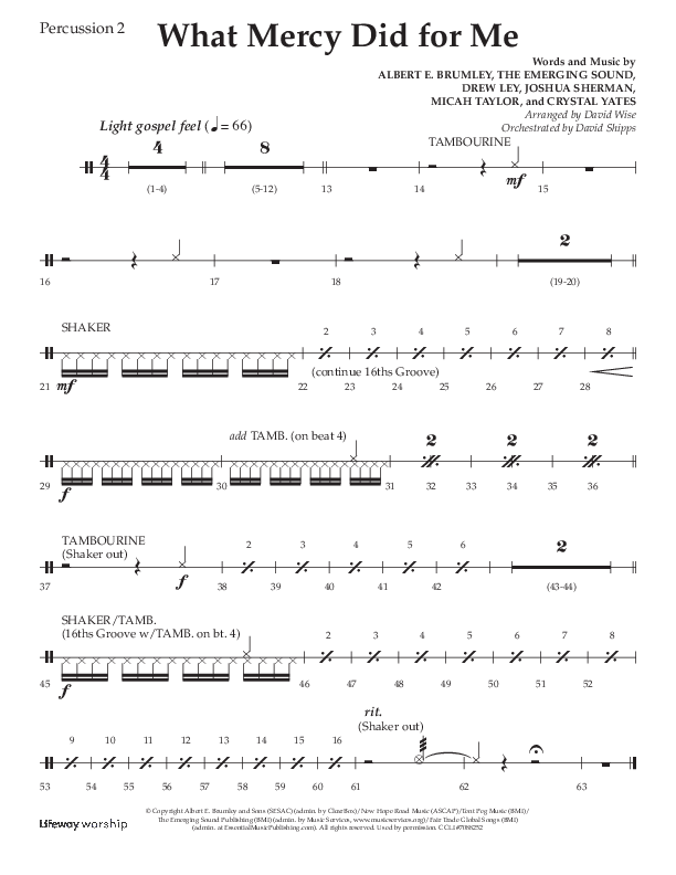 What Mercy Did For Me (Choral Anthem SATB) Percussion 1/2 (Lifeway Choral / Arr. David Wise / Orch. David Shipps)