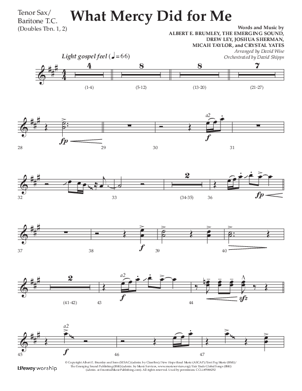 What Mercy Did For Me (Choral Anthem SATB) Tenor Sax/Baritone T.C. (Lifeway Choral / Arr. David Wise / Orch. David Shipps)
