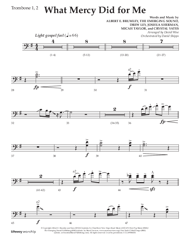 What Mercy Did For Me (Choral Anthem SATB) Trombone 1/2 (Lifeway Choral / Arr. David Wise / Orch. David Shipps)