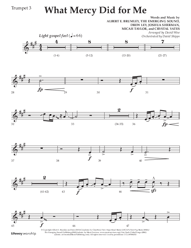 What Mercy Did For Me (Choral Anthem SATB) Trumpet 3 (Lifeway Choral / Arr. David Wise / Orch. David Shipps)