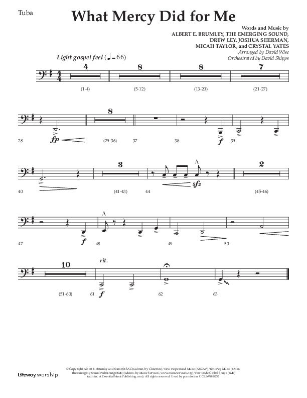 What Mercy Did For Me (Choral Anthem SATB) Tuba (Lifeway Choral / Arr. David Wise / Orch. David Shipps)