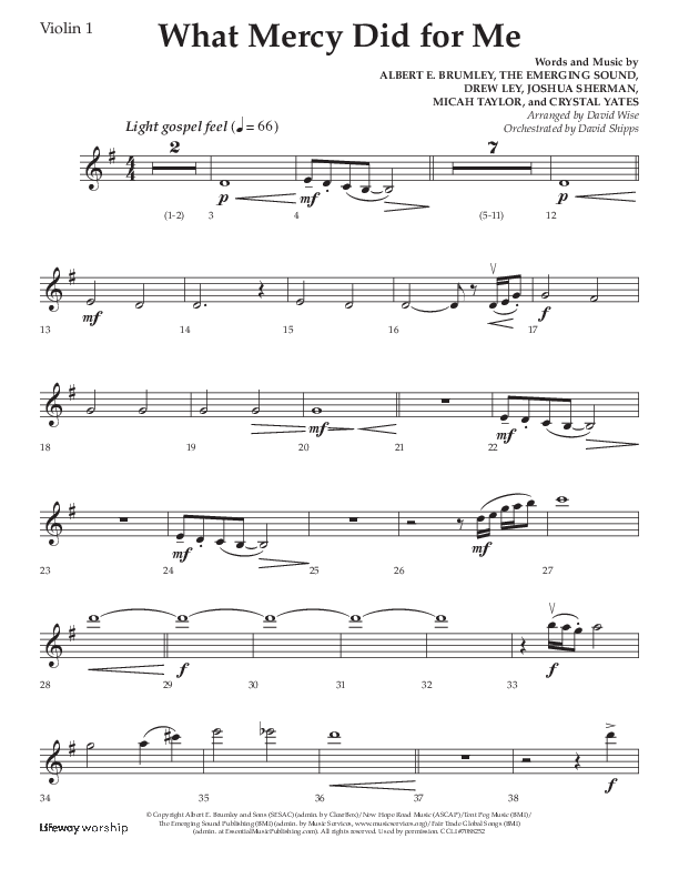 What Mercy Did For Me (Choral Anthem SATB) Violin 1 (Lifeway Choral / Arr. David Wise / Orch. David Shipps)