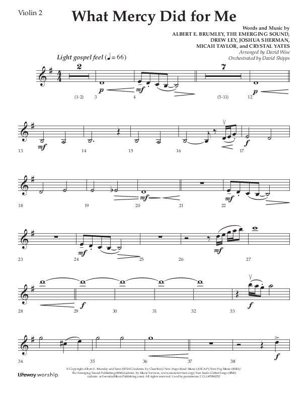 What Mercy Did For Me (Choral Anthem SATB) Violin 2 (Lifeway Choral / Arr. David Wise / Orch. David Shipps)