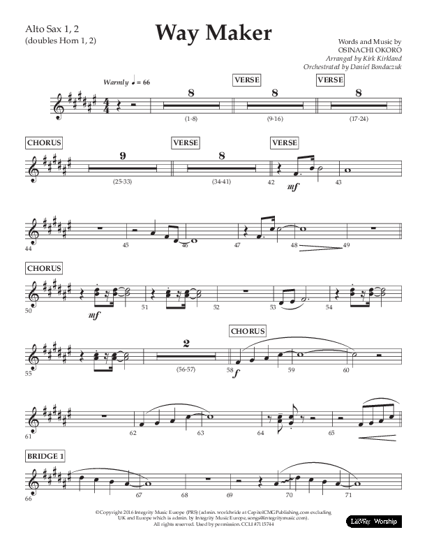 Way Maker (Choral Anthem SATB) Alto Sax 1/2 (Lifeway Choral / Arr. Kirk Kirkland / Orch. Daniel Boundaczuk)