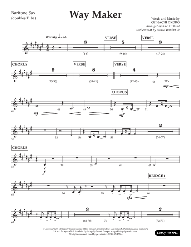 Way Maker (Choral Anthem SATB) Bari Sax (Lifeway Choral / Arr. Kirk Kirkland / Orch. Daniel Boundaczuk)