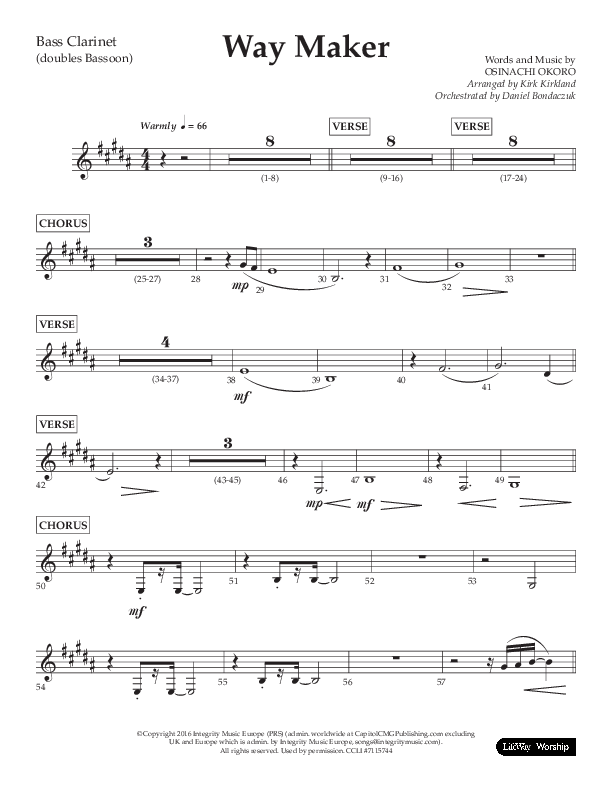 Way Maker (Choral Anthem SATB) Bass Clarinet (Lifeway Choral / Arr. Kirk Kirkland / Orch. Daniel Boundaczuk)