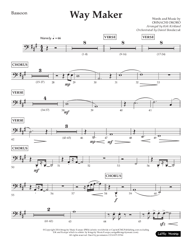 Way Maker (Choral Anthem SATB) Bassoon (Lifeway Choral / Arr. Kirk Kirkland / Orch. Daniel Boundaczuk)