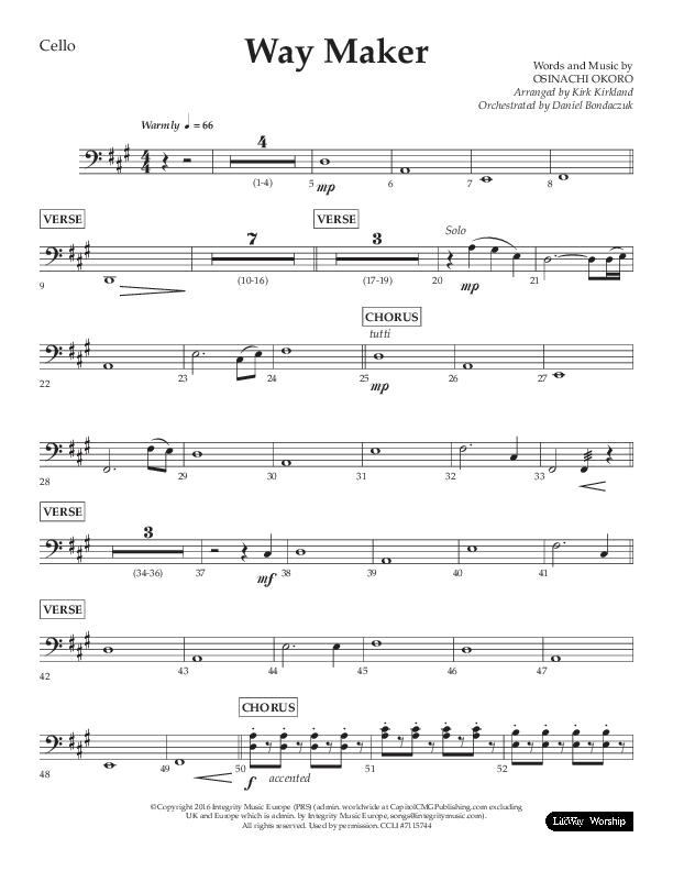 Way Maker (Choral Anthem SATB) Cello (Lifeway Choral / Arr. Kirk Kirkland / Orch. Daniel Boundaczuk)