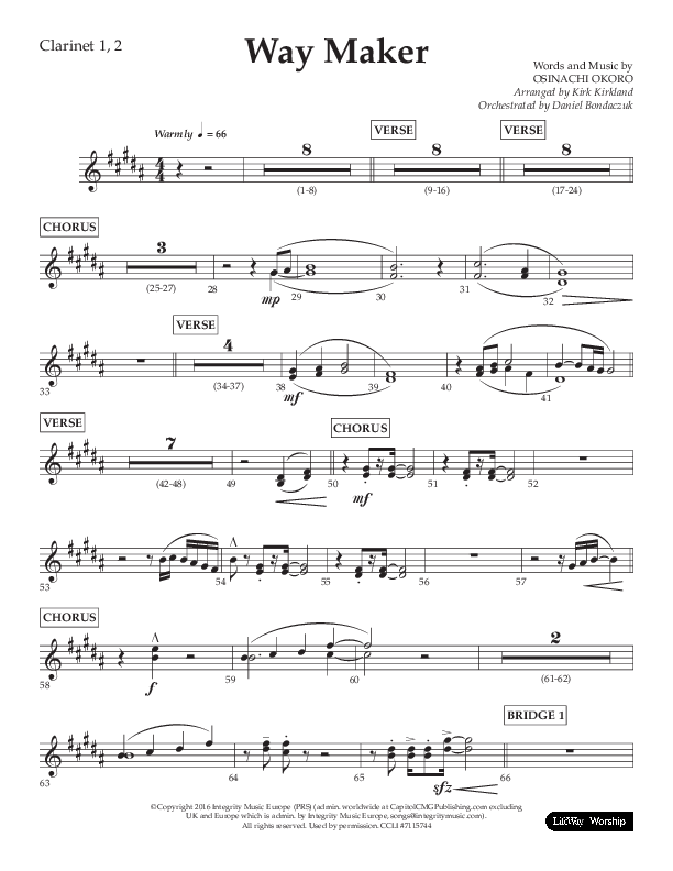 Way Maker (Choral Anthem SATB) Clarinet 1/2 (Lifeway Choral / Arr. Kirk Kirkland / Orch. Daniel Boundaczuk)