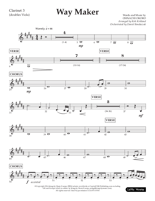 Way Maker (Choral Anthem SATB) Clarinet 3 (Lifeway Choral / Arr. Kirk Kirkland / Orch. Daniel Boundaczuk)