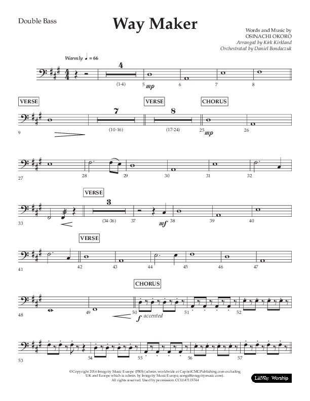 Way Maker (Choral Anthem SATB) Double Bass (Lifeway Choral / Arr. Kirk Kirkland / Orch. Daniel Boundaczuk)