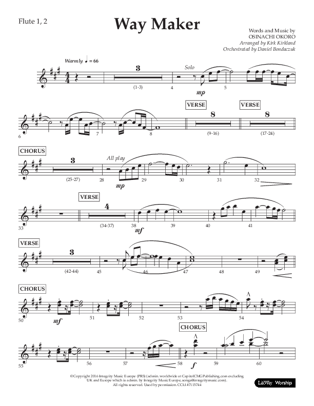 Way Maker (Choral Anthem SATB) Flute 1/2 (Lifeway Choral / Arr. Kirk Kirkland / Orch. Daniel Boundaczuk)