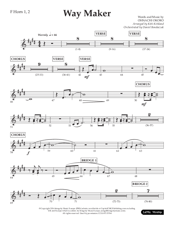 Way Maker (Choral Anthem SATB) French Horn 1/2 (Lifeway Choral / Arr. Kirk Kirkland / Orch. Daniel Boundaczuk)
