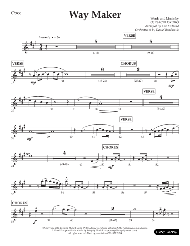 Way Maker (Choral Anthem SATB) Oboe (Lifeway Choral / Arr. Kirk Kirkland / Orch. Daniel Boundaczuk)