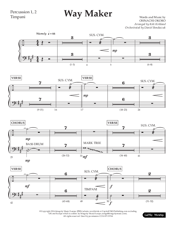 Way Maker (Choral Anthem SATB) Percussion 1/2 (Lifeway Choral / Arr. Kirk Kirkland / Orch. Daniel Boundaczuk)