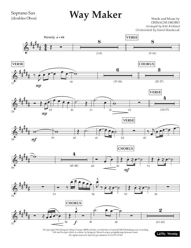 Way Maker (Choral Anthem SATB) Soprano Sax (Lifeway Choral / Arr. Kirk Kirkland / Orch. Daniel Boundaczuk)