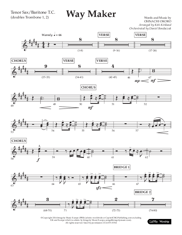 Way Maker (Choral Anthem SATB) Tenor Sax/Baritone T.C. (Lifeway Choral / Arr. Kirk Kirkland / Orch. Daniel Boundaczuk)