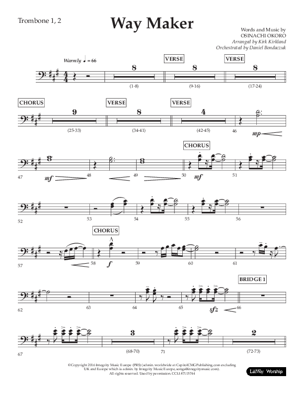 Way Maker (Choral Anthem SATB) Trombone 1/2 (Lifeway Choral / Arr. Kirk Kirkland / Orch. Daniel Boundaczuk)