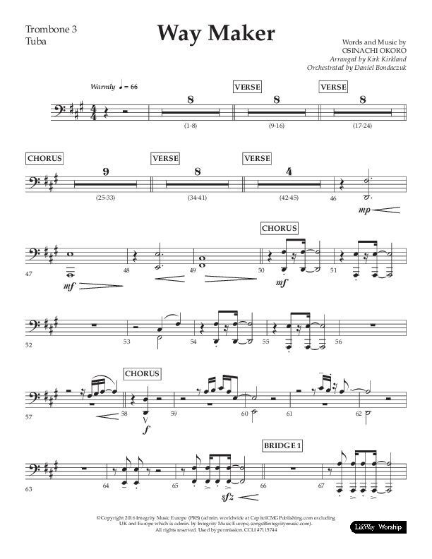 Way Maker (Choral Anthem SATB) Trombone 3 (Lifeway Choral / Arr. Kirk Kirkland / Orch. Daniel Boundaczuk)