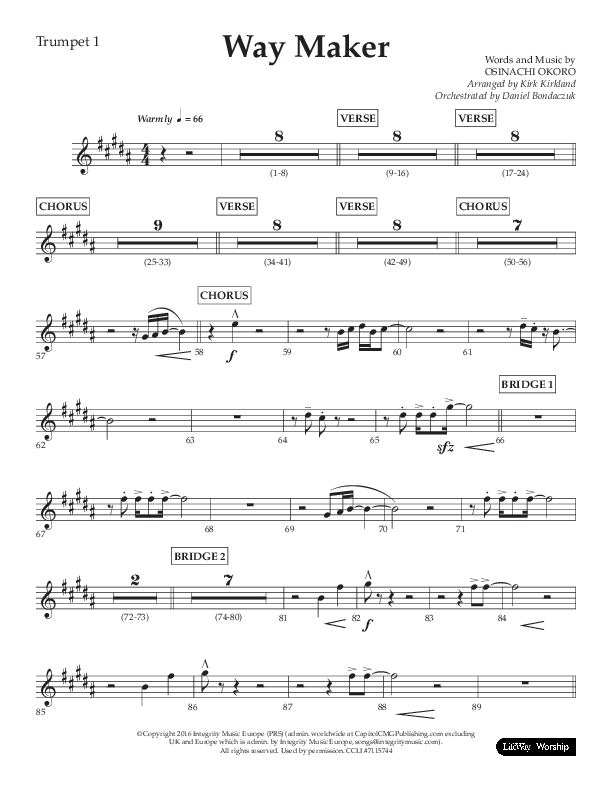 Way Maker (Choral Anthem SATB) Trumpet 1 (Lifeway Choral / Arr. Kirk Kirkland / Orch. Daniel Boundaczuk)