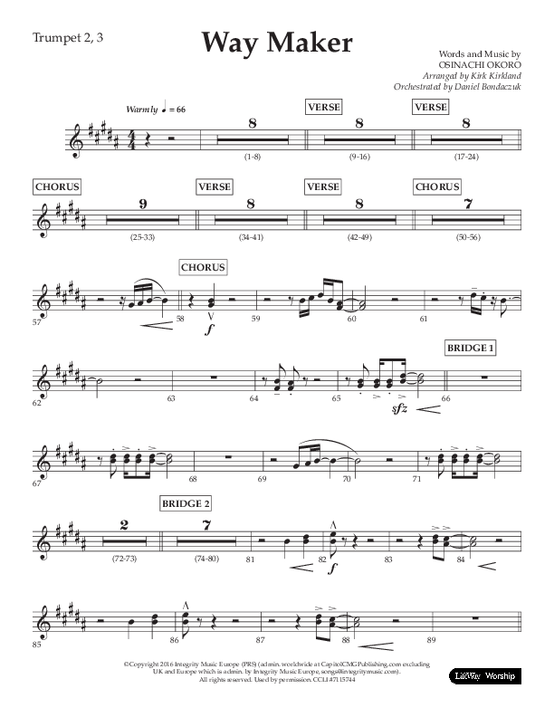 Way Maker (Choral Anthem SATB) Trumpet 2/3 (Lifeway Choral / Arr. Kirk Kirkland / Orch. Daniel Boundaczuk)