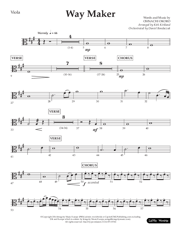 Way Maker (Choral Anthem SATB) Viola (Lifeway Choral / Arr. Kirk Kirkland / Orch. Daniel Boundaczuk)