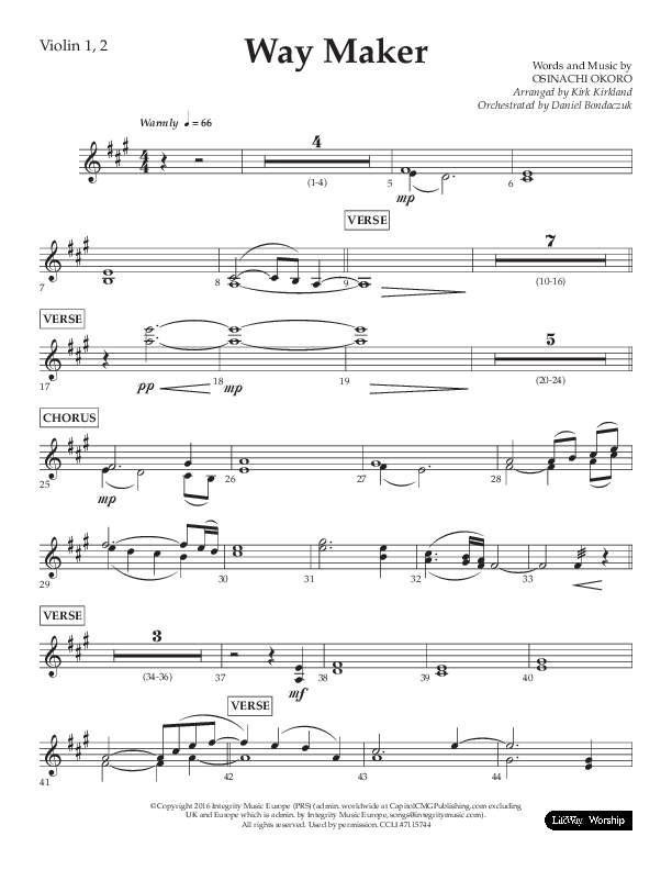 Way Maker (Choral Anthem SATB) Violin 1/2 (Lifeway Choral / Arr. Kirk Kirkland / Orch. Daniel Boundaczuk)