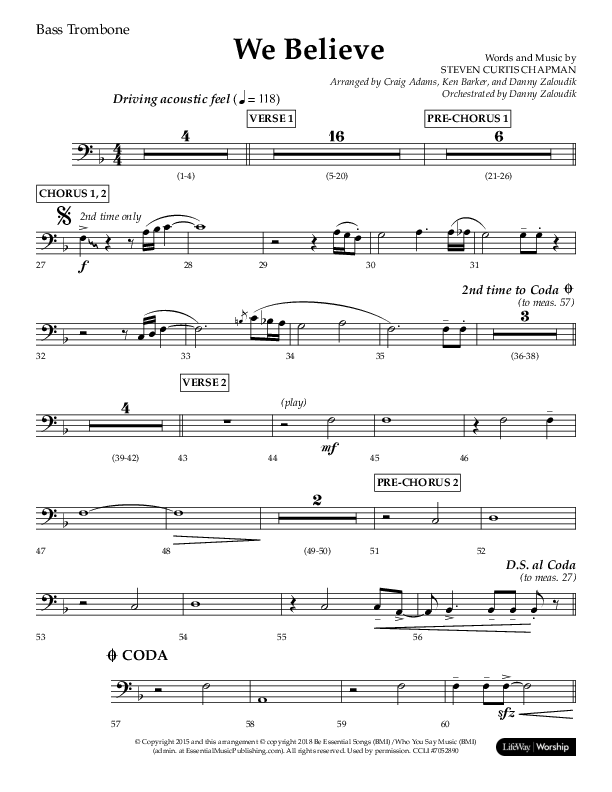 We Believe (Choral Anthem SATB) Bass Trombone (Lifeway Choral / Arr. Danny Zaloudik)