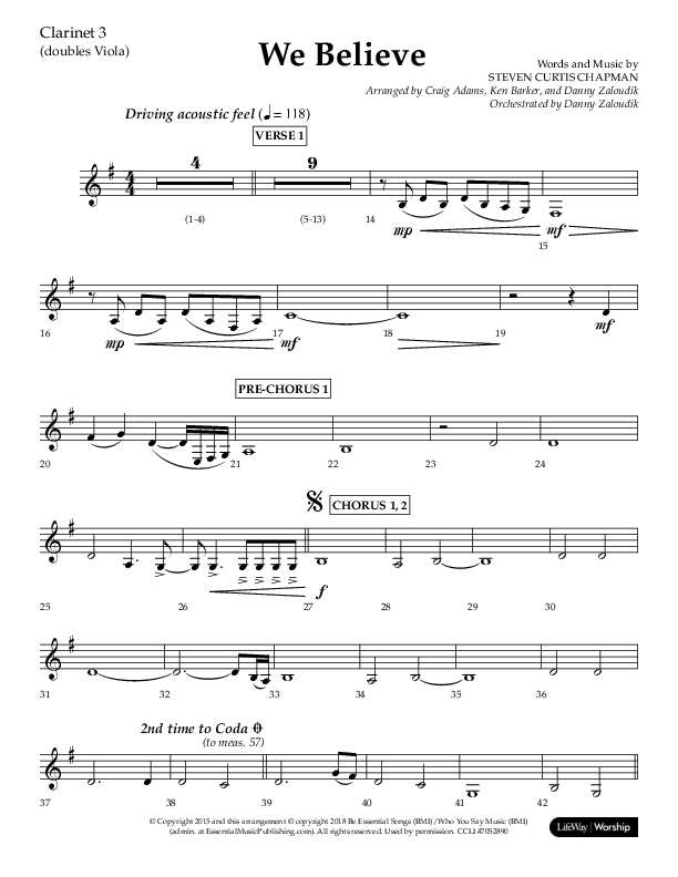 We Believe (Choral Anthem SATB) Clarinet 3 (Lifeway Choral / Arr. Danny Zaloudik)