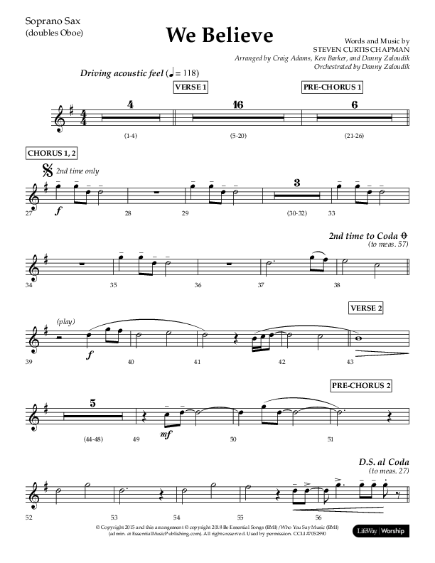 We Believe (Choral Anthem SATB) Soprano Sax (Lifeway Choral / Arr. Danny Zaloudik)