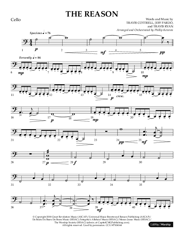 The Reason (Choral Anthem SATB) Cello (Lifeway Choral / Arr. Phillip Keveren)