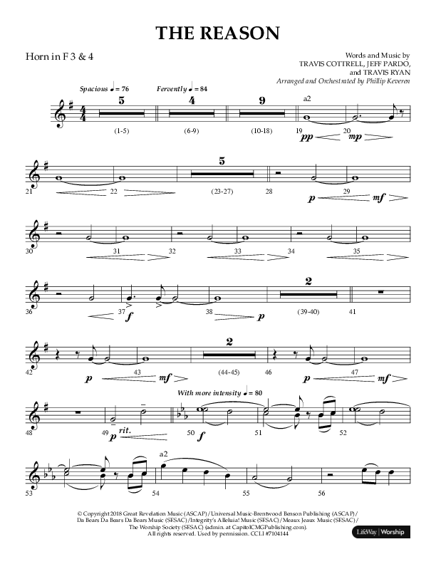 The Reason (Choral Anthem SATB) French Horn 3 (Lifeway Choral / Arr. Phillip Keveren)
