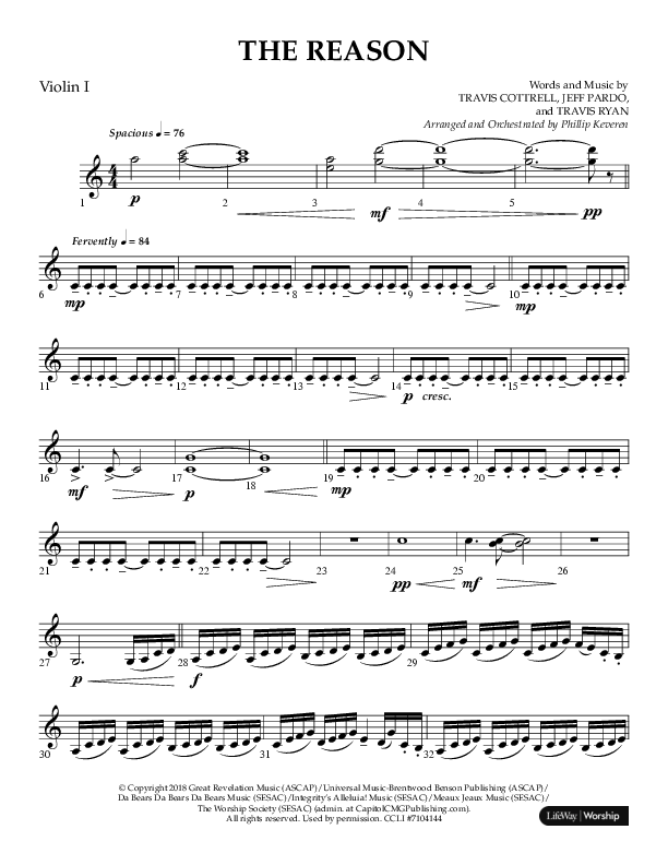 The Reason (Choral Anthem SATB) Violin 1 (Lifeway Choral / Arr. Phillip Keveren)