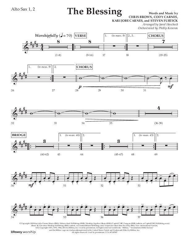 The Blessing (Choral Anthem SATB) Alto Sax 1/2 (Lifeway Choral / Arr. Jared Haschek)