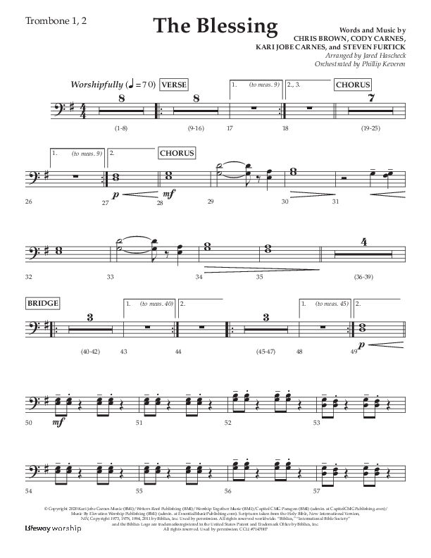 The Blessing (Choral Anthem SATB) Trombone 1/2 (Lifeway Choral / Arr. Jared Haschek)