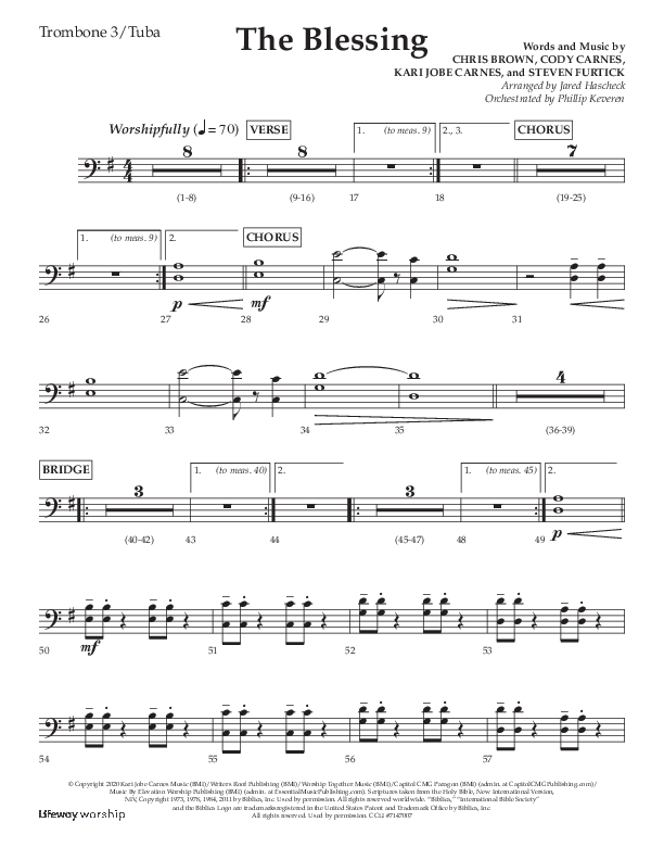 The Blessing (Choral Anthem SATB) Trombone 3/Tuba (Lifeway Choral / Arr. Jared Haschek)
