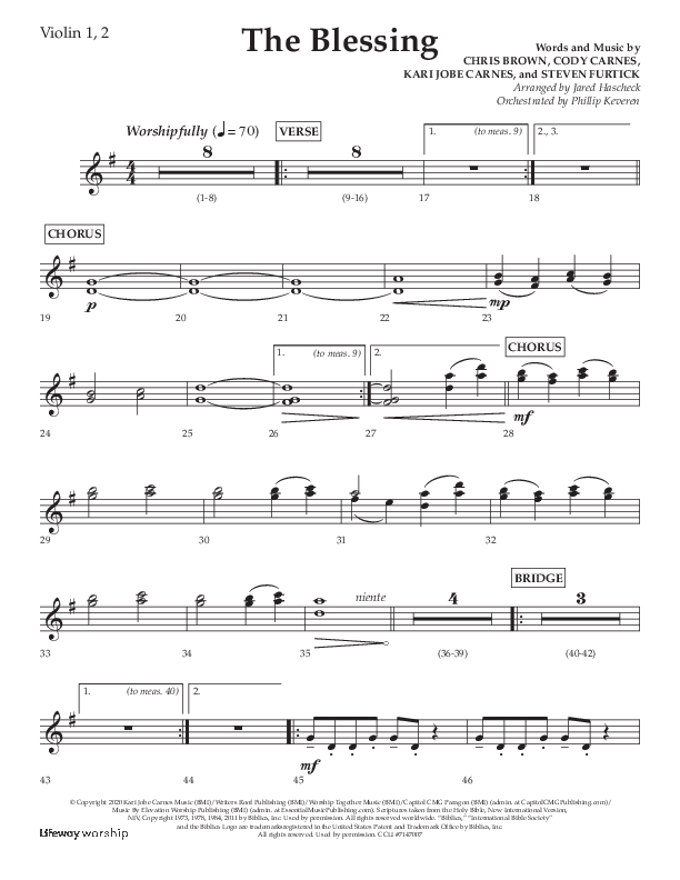 The Blessing (Choral Anthem SATB) Violin 1/2 (Lifeway Choral / Arr. Jared Haschek)