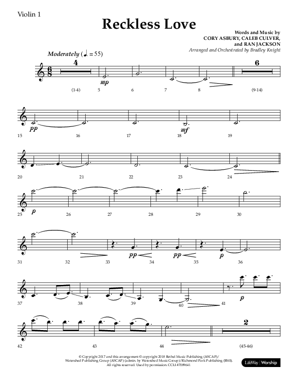 Reckless Love (Choral Anthem SATB) Violin 1 (Lifeway Choral / Arr. Bradley Knight)