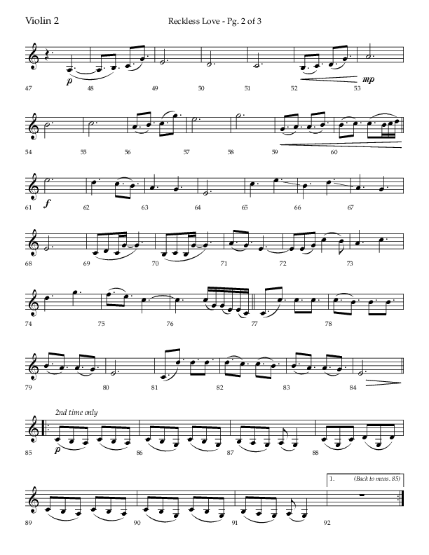 Reckless Love (Choral Anthem SATB) Violin 2 (Lifeway Choral / Arr. Bradley Knight)