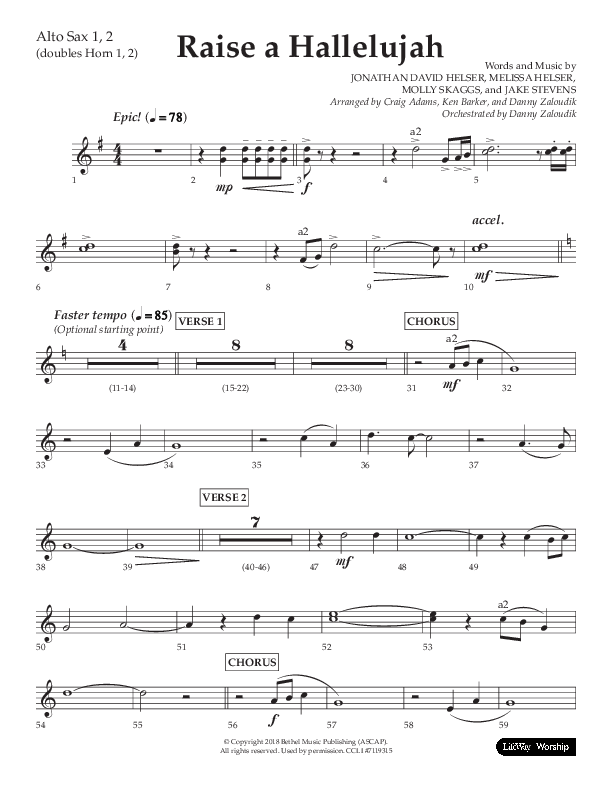 Raise A Hallelujah (Choral Anthem SATB) Alto Sax 1/2 (Lifeway Choral / Arr. Craig Adams / Arr. Ken Barker / Arr. Danny Zaloudik)