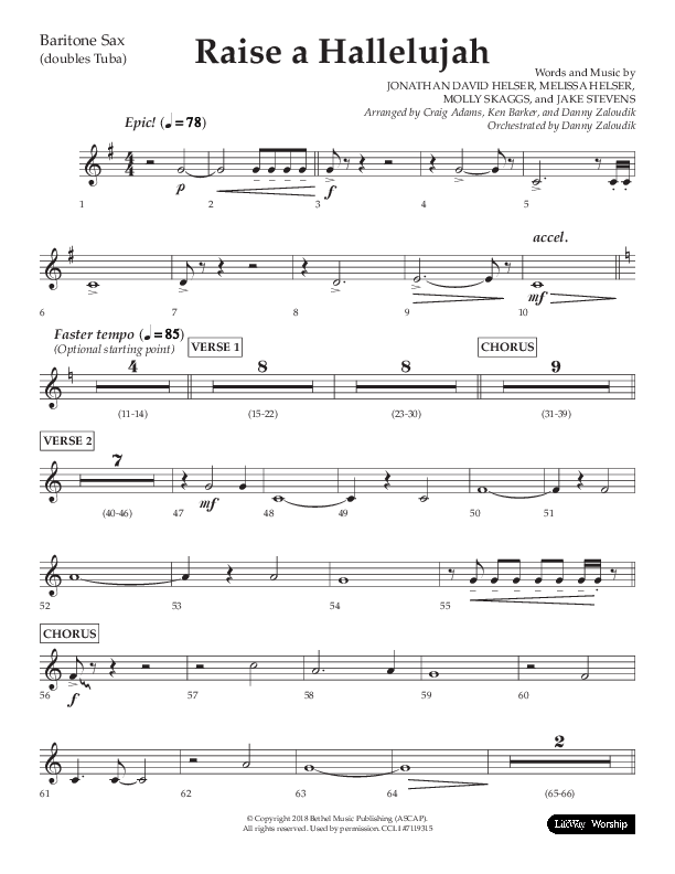 Raise A Hallelujah (Choral Anthem SATB) Bari Sax (Lifeway Choral / Arr. Craig Adams / Arr. Ken Barker / Arr. Danny Zaloudik)